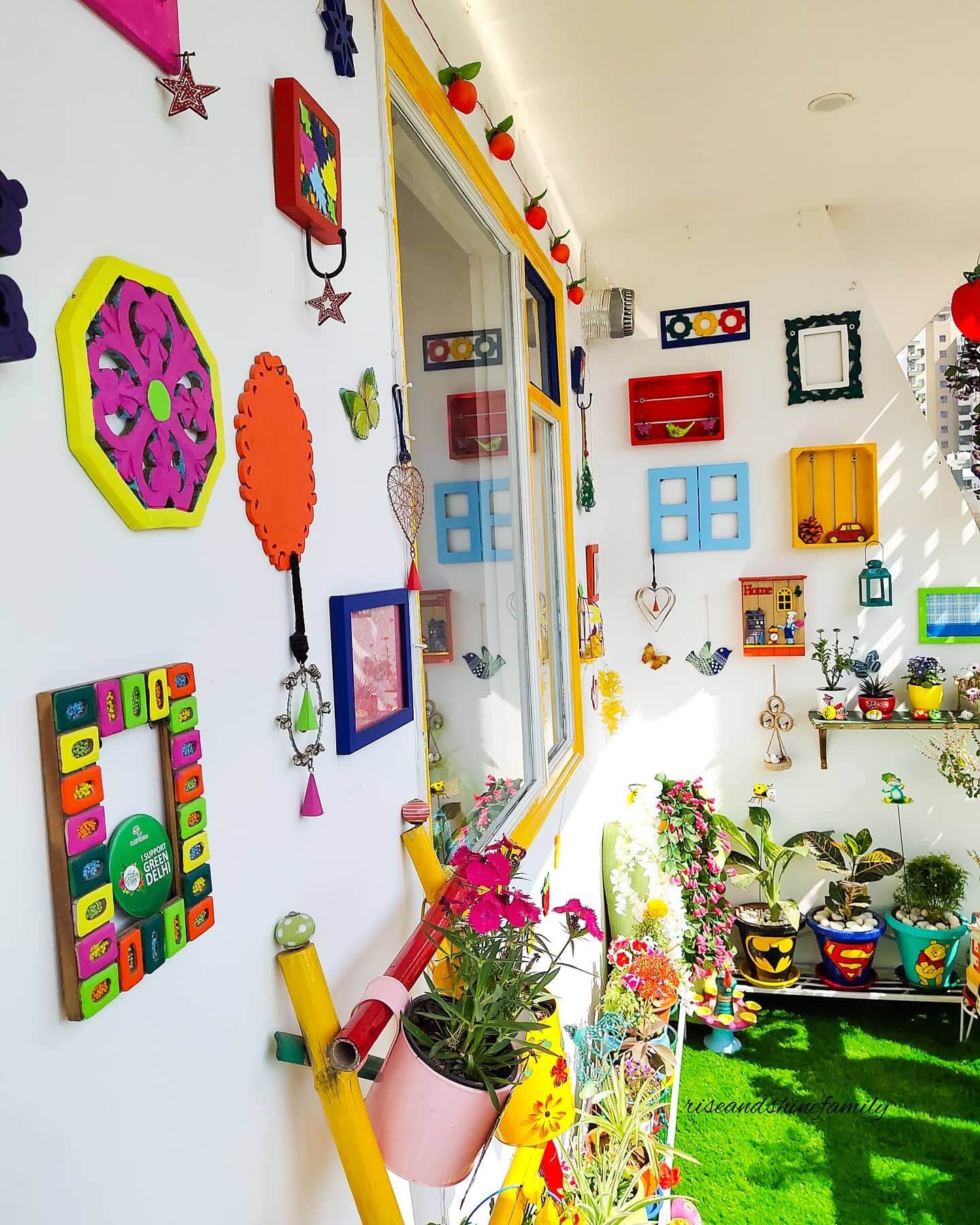 Colorful wall art adds playful character to your balcony