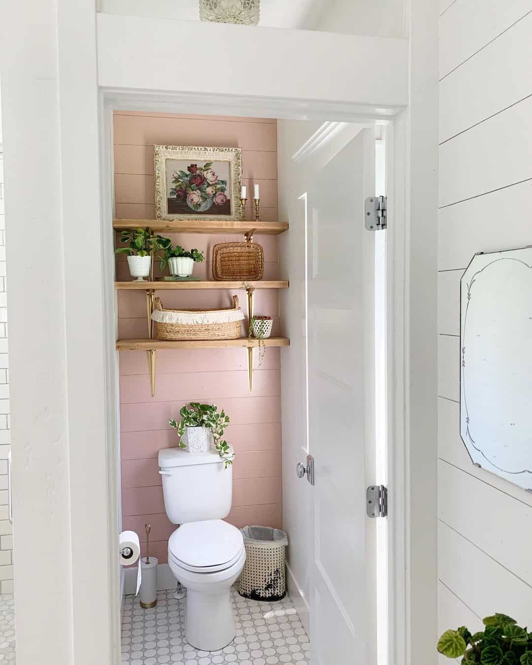 Gold Bracketed Shelves Display Woven Baskets and Greenery