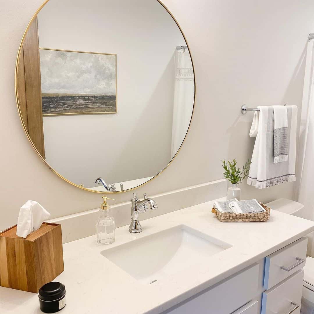 Abstract Landscape Artwork Adds Serene Focal Point Above Vanity