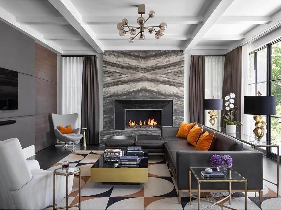 Dramatic Marble Slab Fireplace Creates a Natural Art Piece