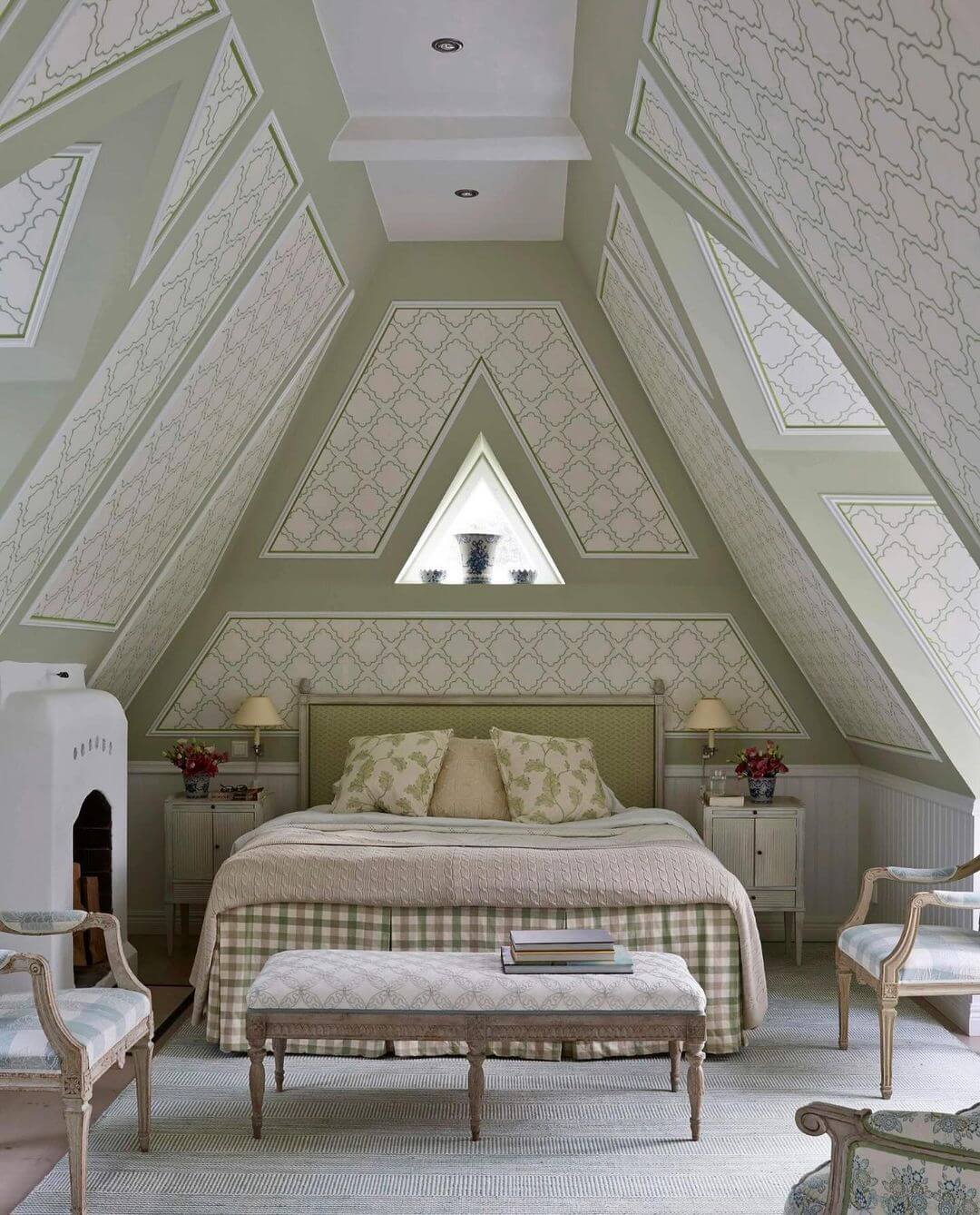 Sloped Ceiling Fireplace with Geometric Stenciled Accents