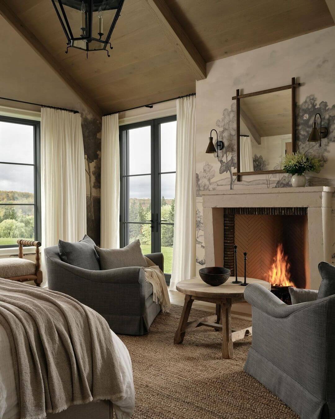 Rustic Stone Fireplace with Hand-Painted Mural