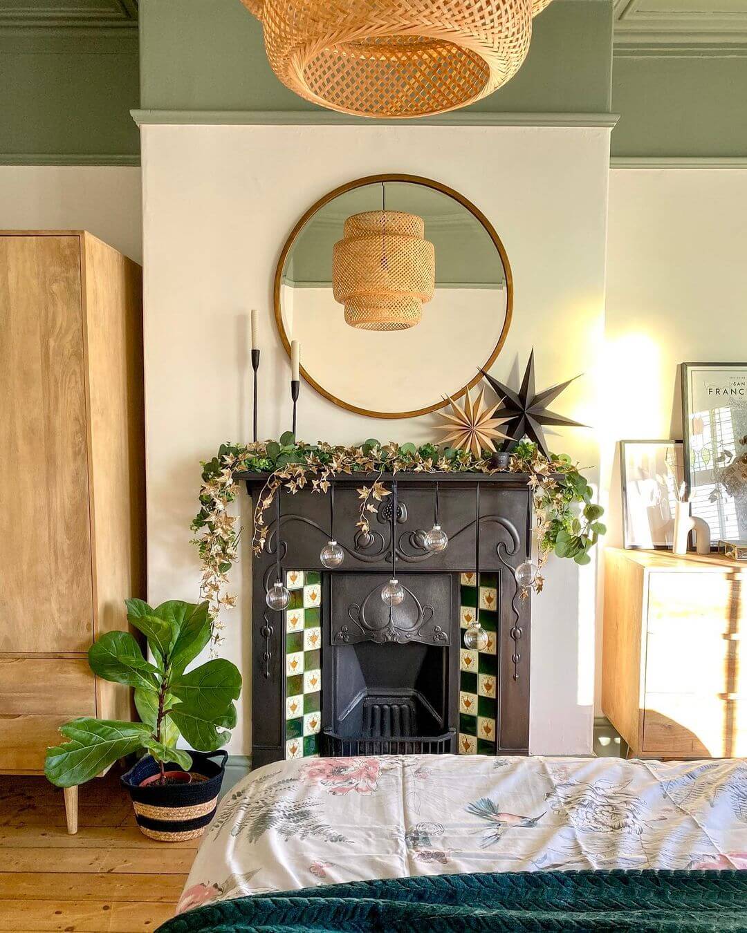 Ornate Cast Iron Fireplace with Emerald Green Tile
