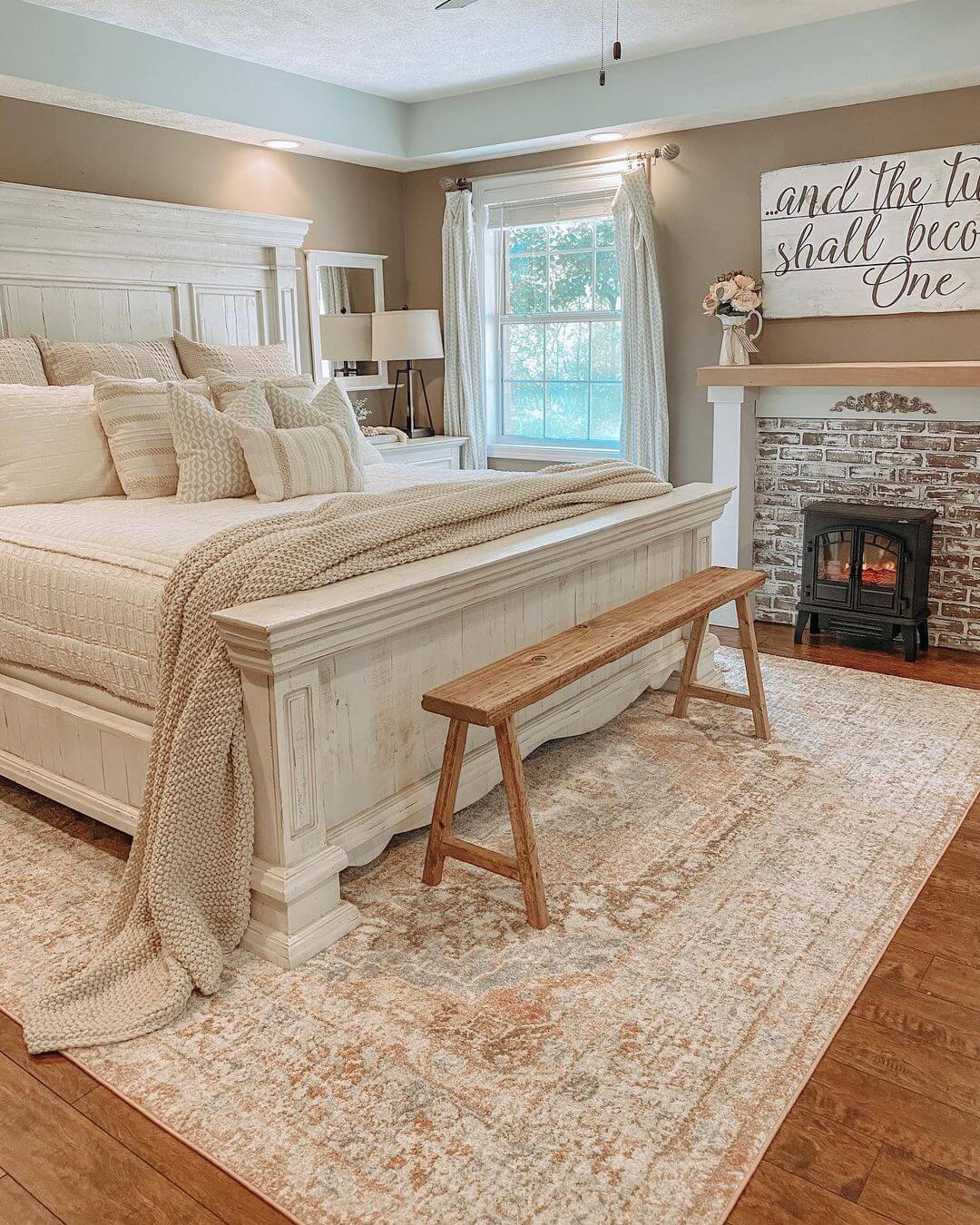 White Shiplap Fireplace with Rustic Brick and Sentiment Sign