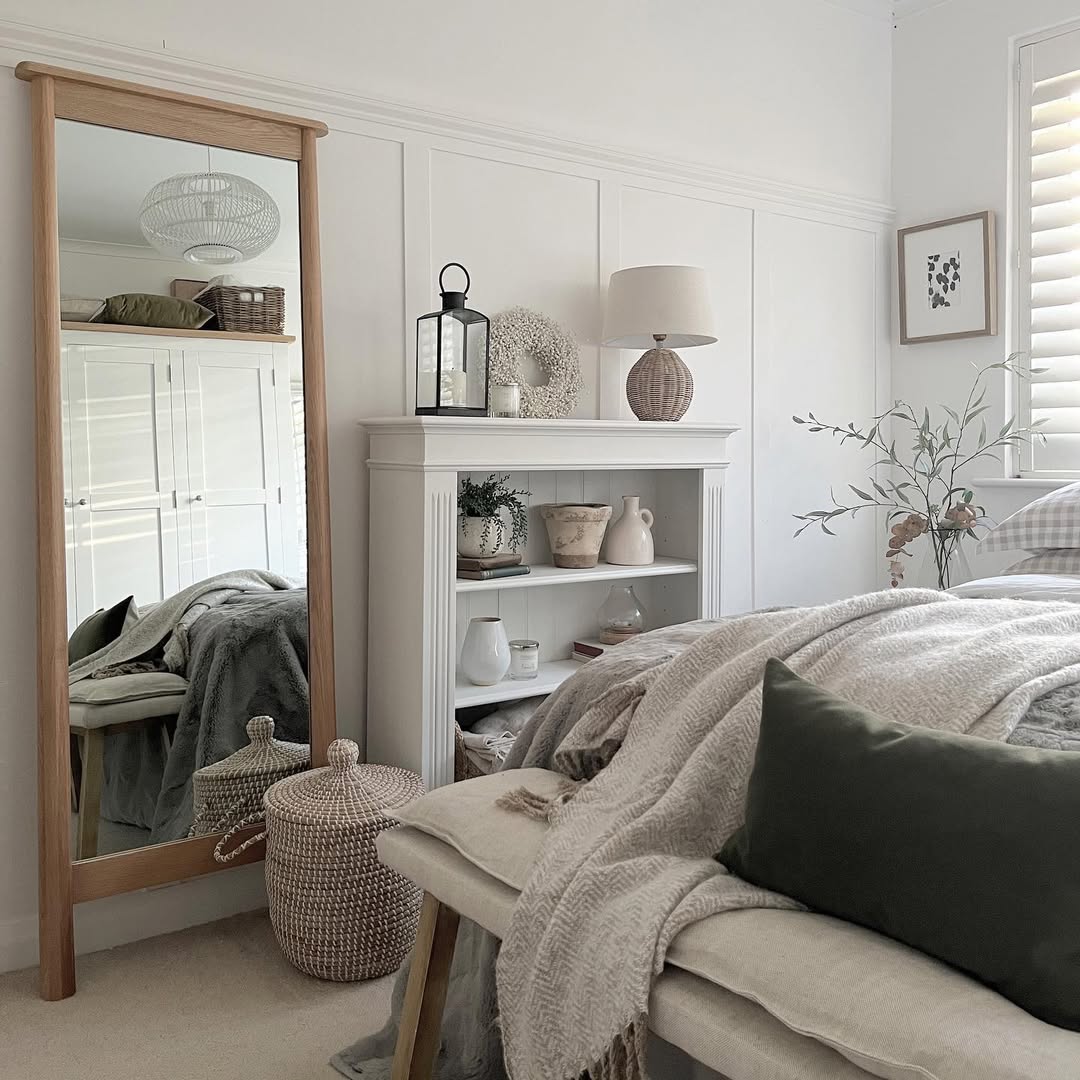 Full-Length Mirror with Natural Wood Frame Adds Organic Texture