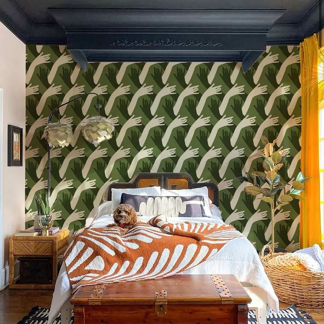 Abstract Hand Pattern Wallpaper for a Playful Bedroom Accent