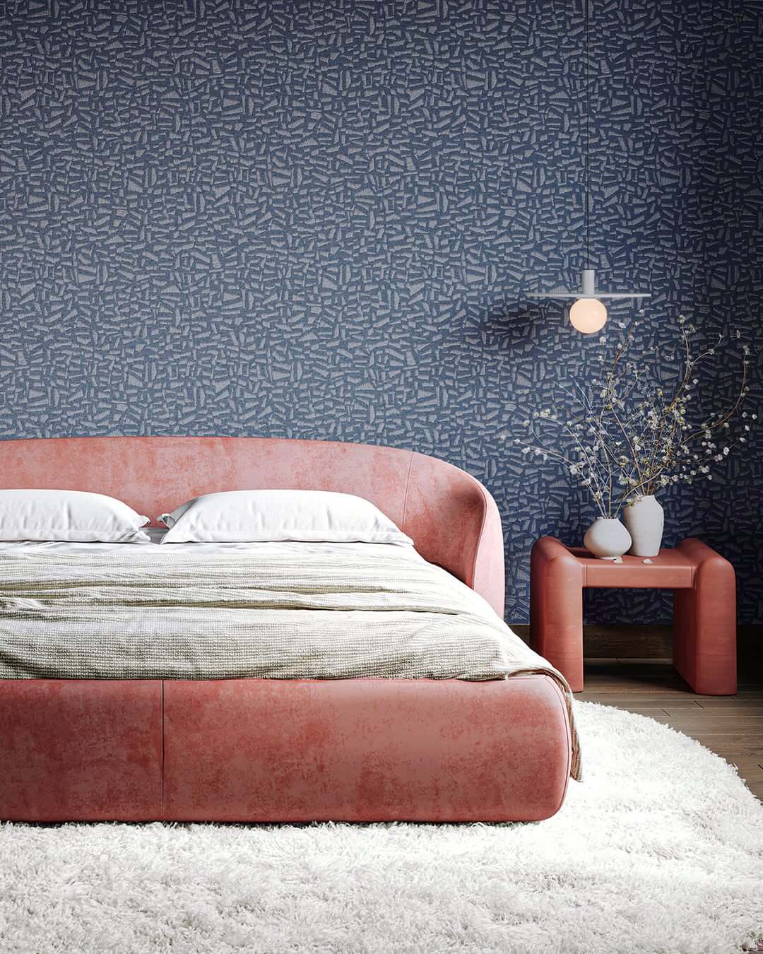 Textured Blue Wallpaper Creates a Moody Bedroom Backdrop