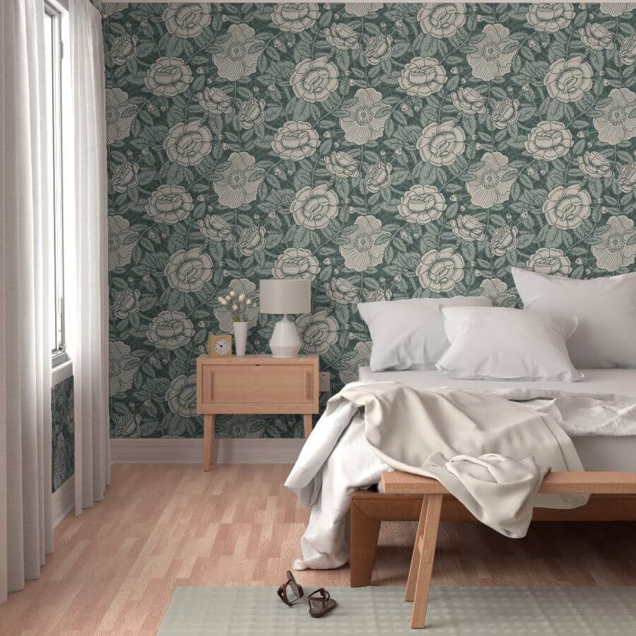 Botanical Floral Wallpaper Creates a Moody Green Bedroom Accent