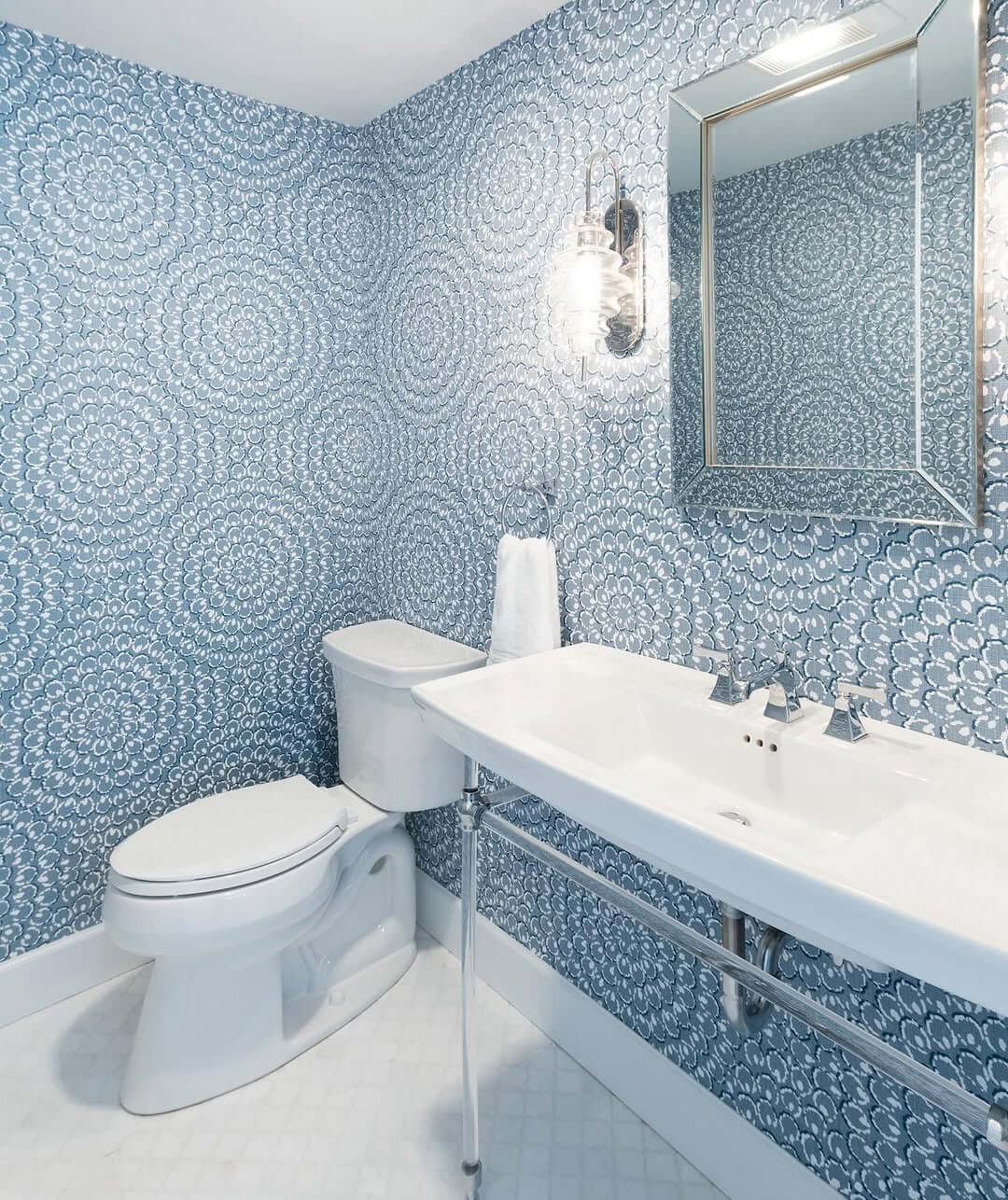 Blue Floral Wallpaper Creates a Patterned Powder Room