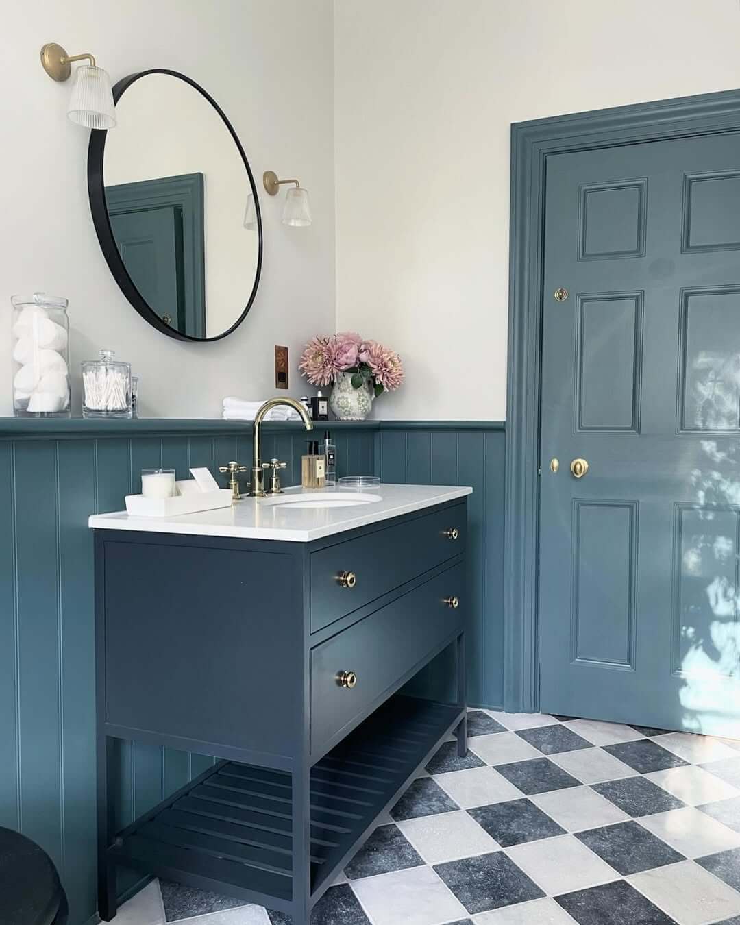 Dark Blue Vanity with Slatted Open Shelf