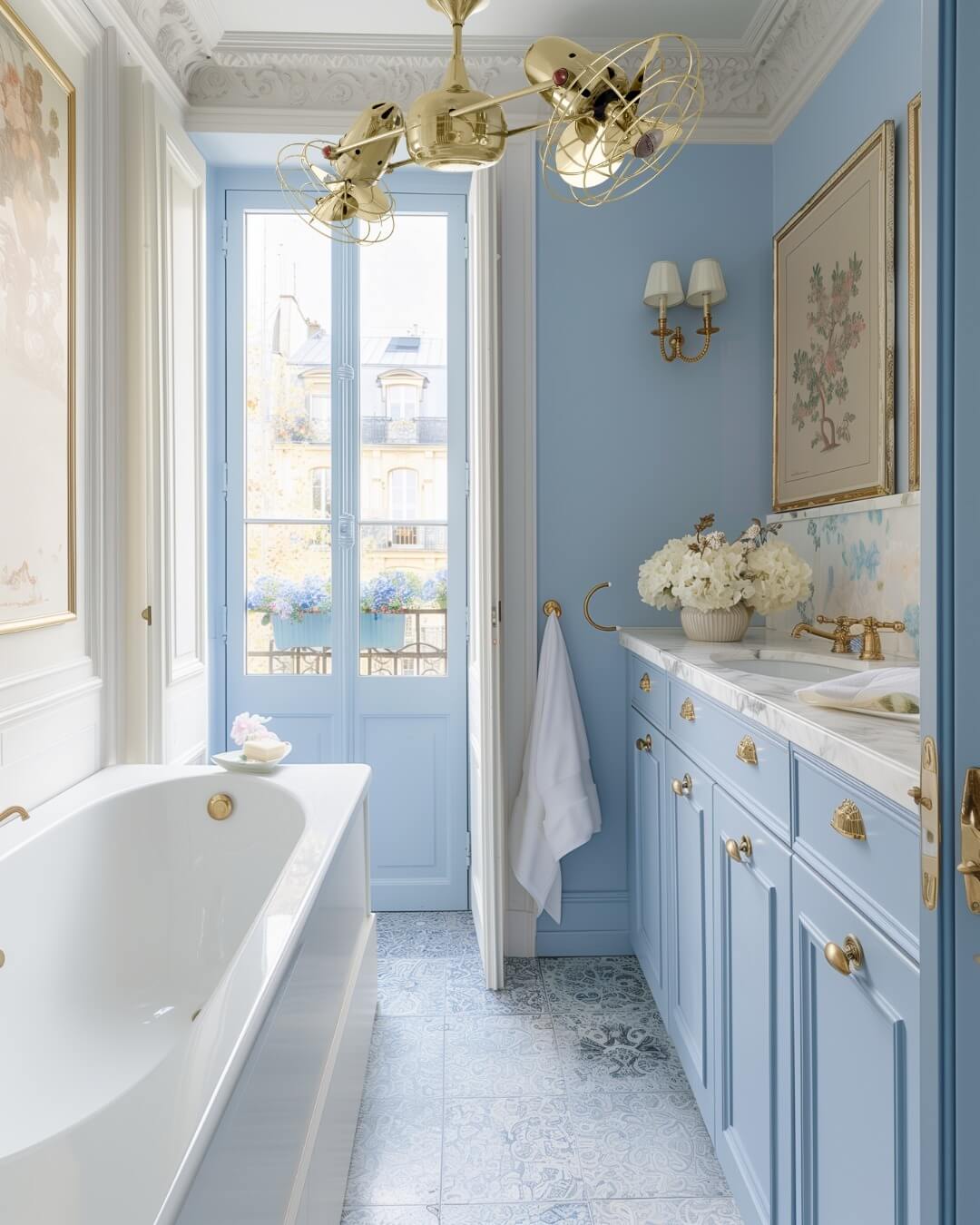 Pale Blue Vanity Cabinets with Ornate Brass Hardware
