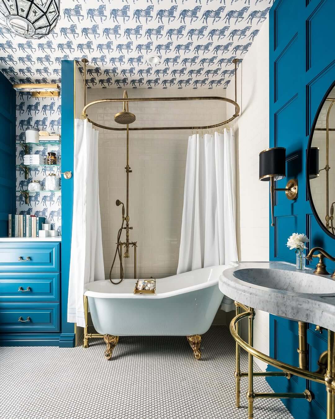 Horse-Patterned Wallpaper Creates a Whimsical Ceiling Statement