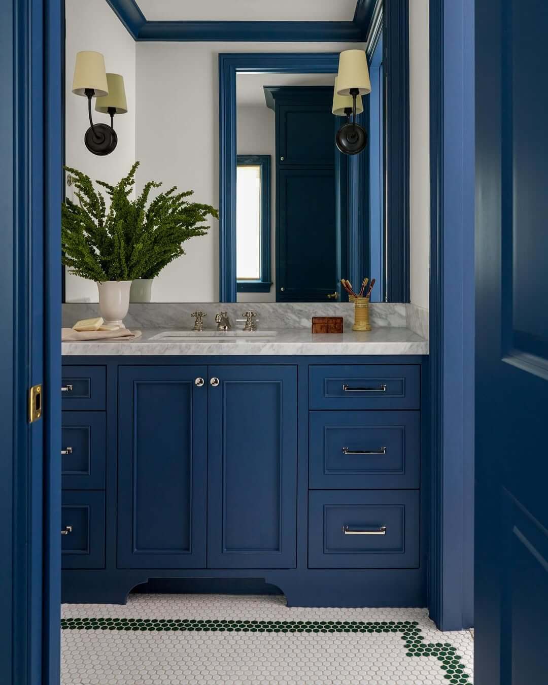 Deep Blue Vanity with Detailed Trim and Marble Top