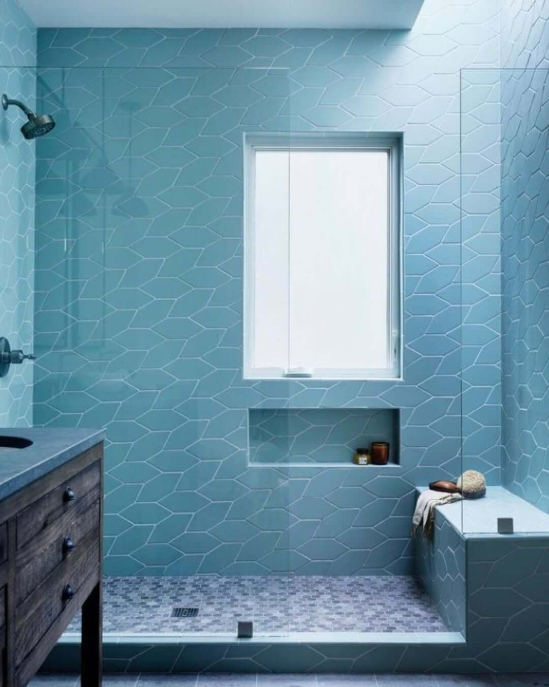 Geometric Blue Tile Adds Patterned Texture to Shower Walls