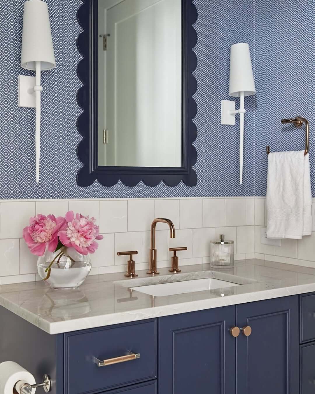 Scalloped Navy Mirror Frames Geometric Blue and White Wallpaper