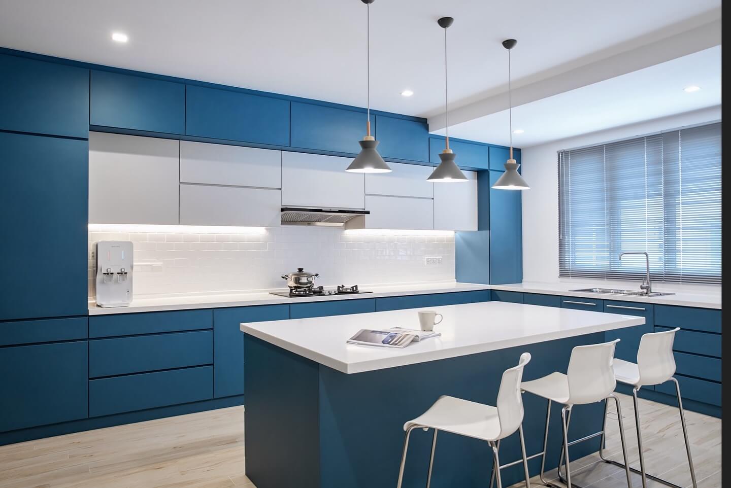 Matte Blue Cabinets With Integrated White Countertop
