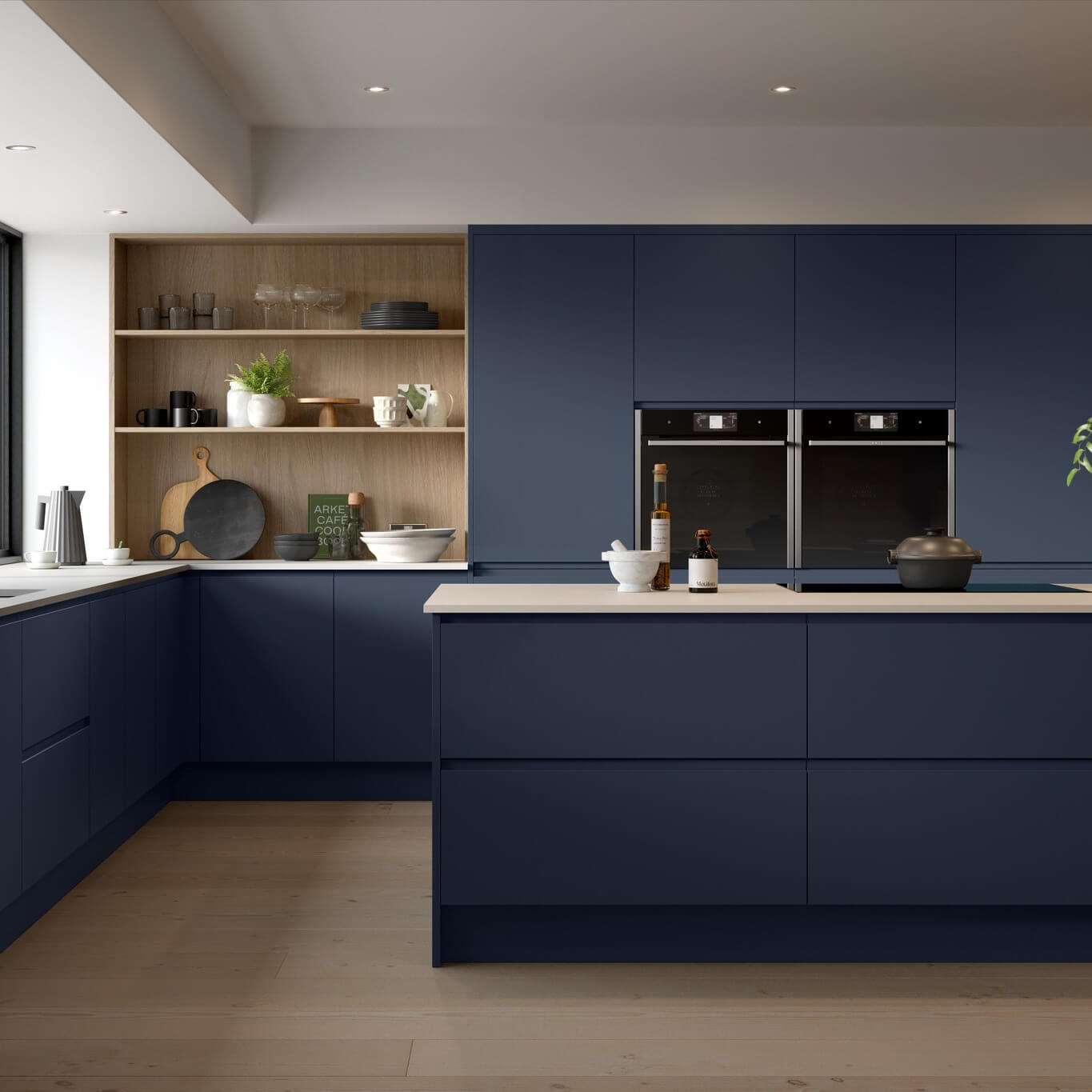 Natural Wood Shelving Offers Open Storage for Kitchen Essentials