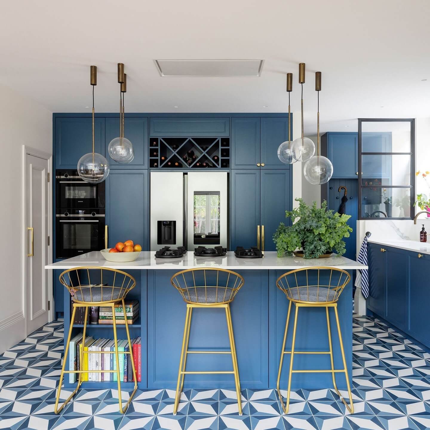 Define Your Kitchen with Geometric Blue and White Flooring