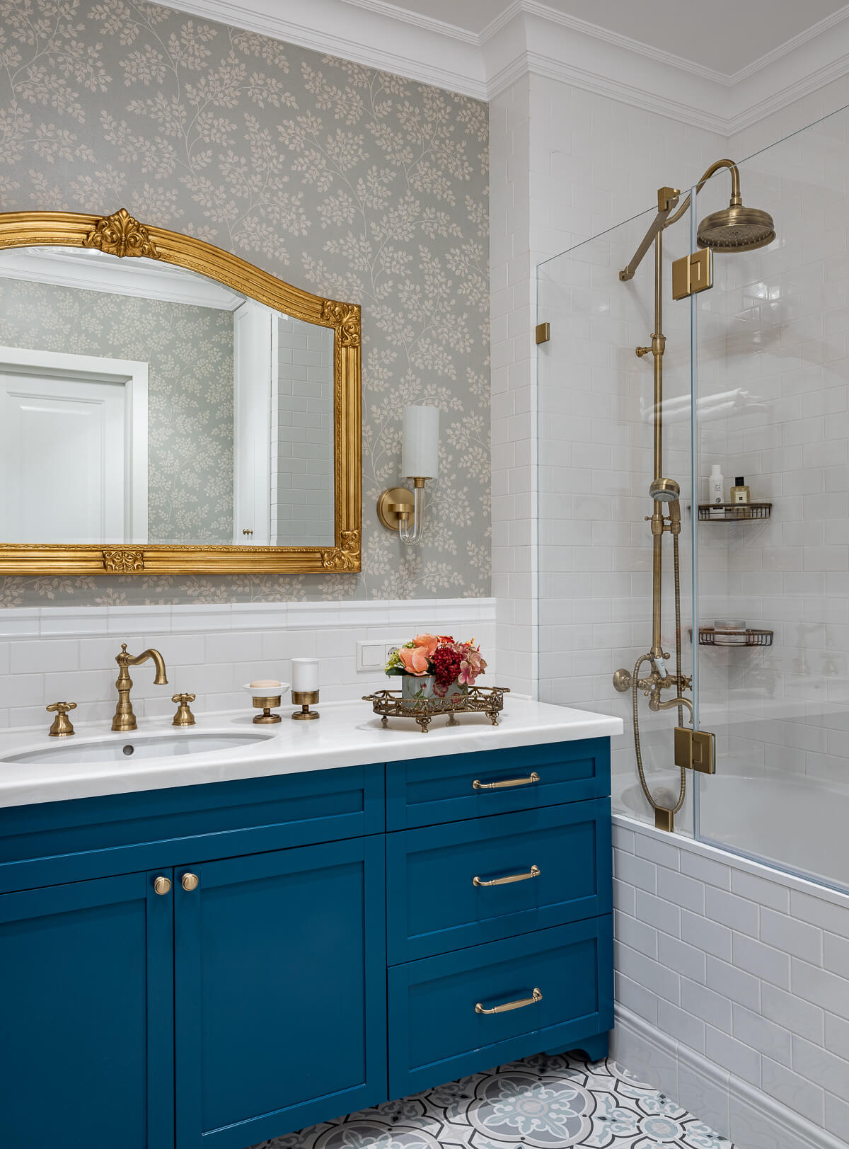 Deep Teal Vanity With Ornate Gold Mirror
