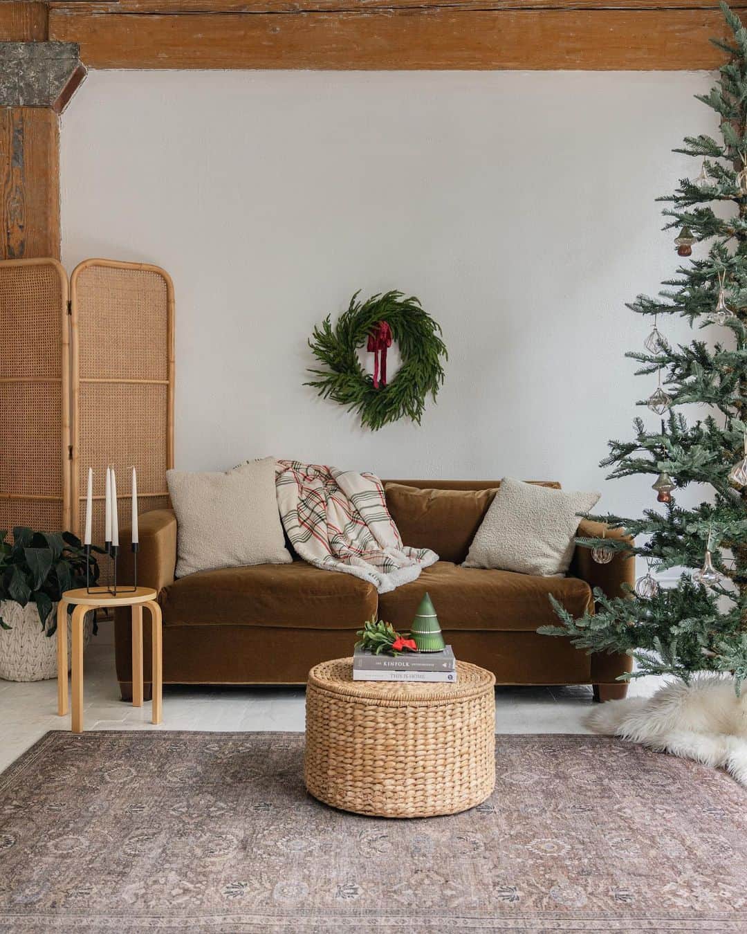 Greenery Wreath with Red Ribbon Adds Festive Boho Charm
