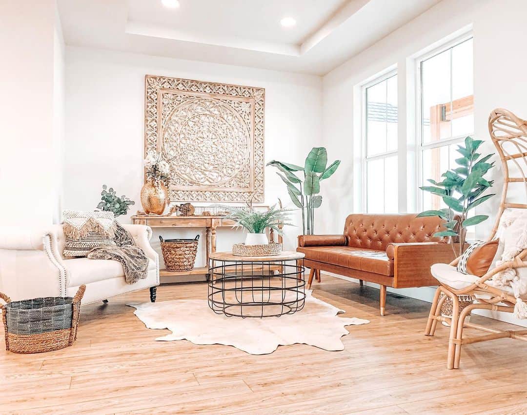 Carved Wood Panel Creates an Intricate Boho Focal Point