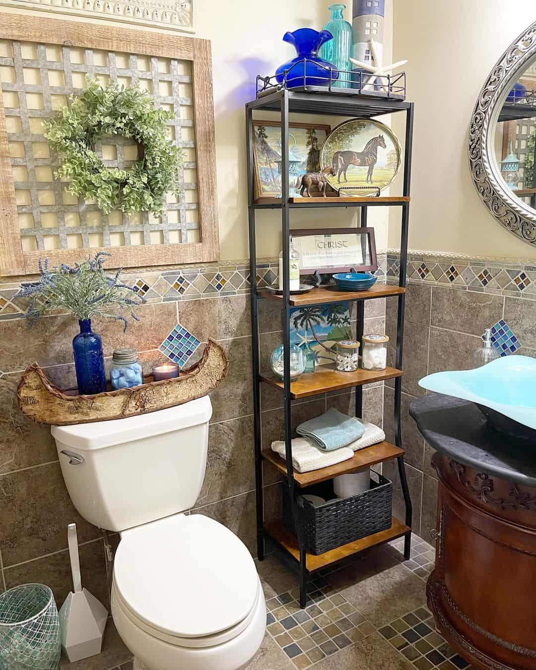 Canoe-Shaped Shelf Holds Blue Bottles and Jars
