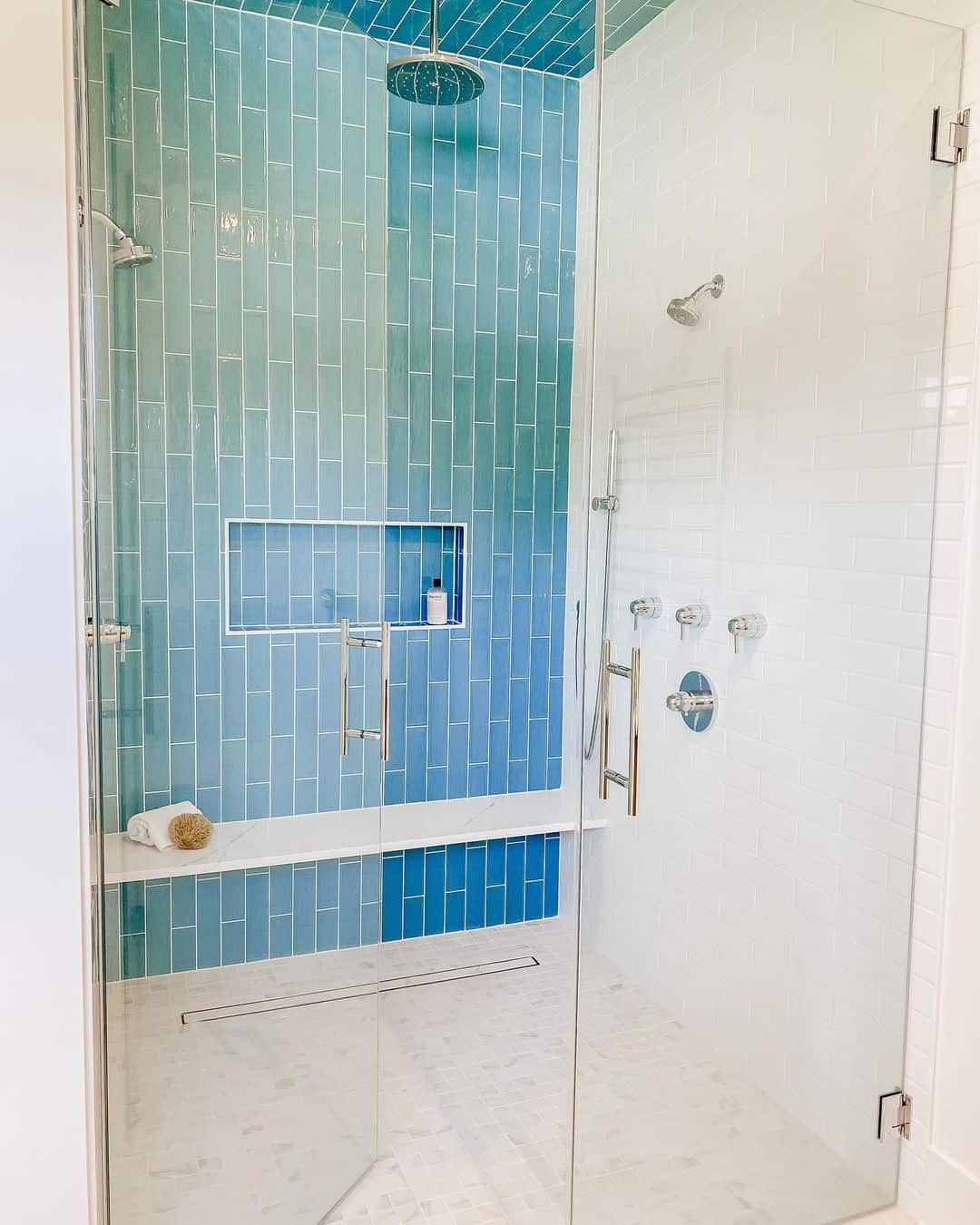 Ombre Blue Vertical Tile Creates a Soothing Shower Focal Point