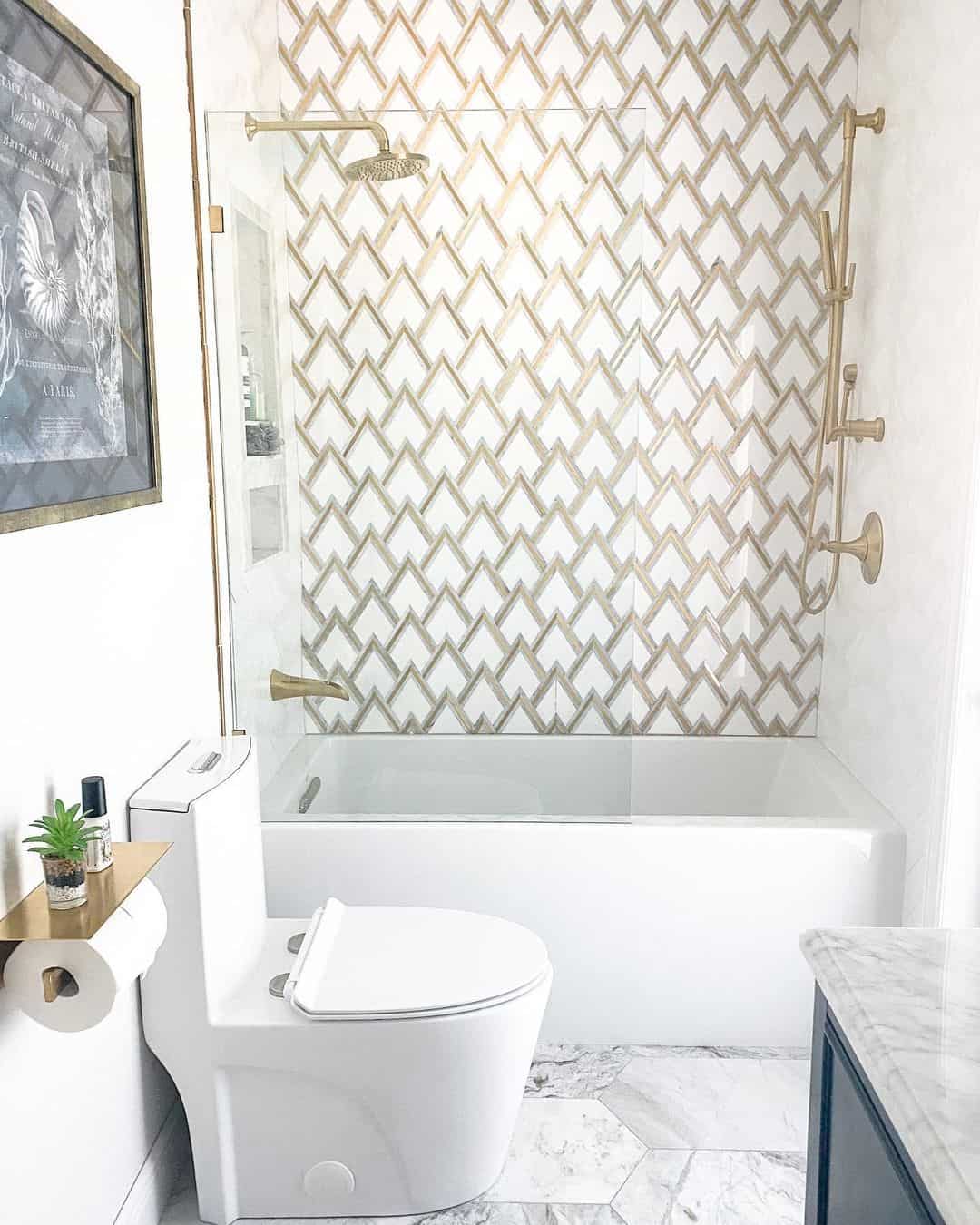 Geometric Gold and White Tile Adds Coastal Shine to Shower Walls