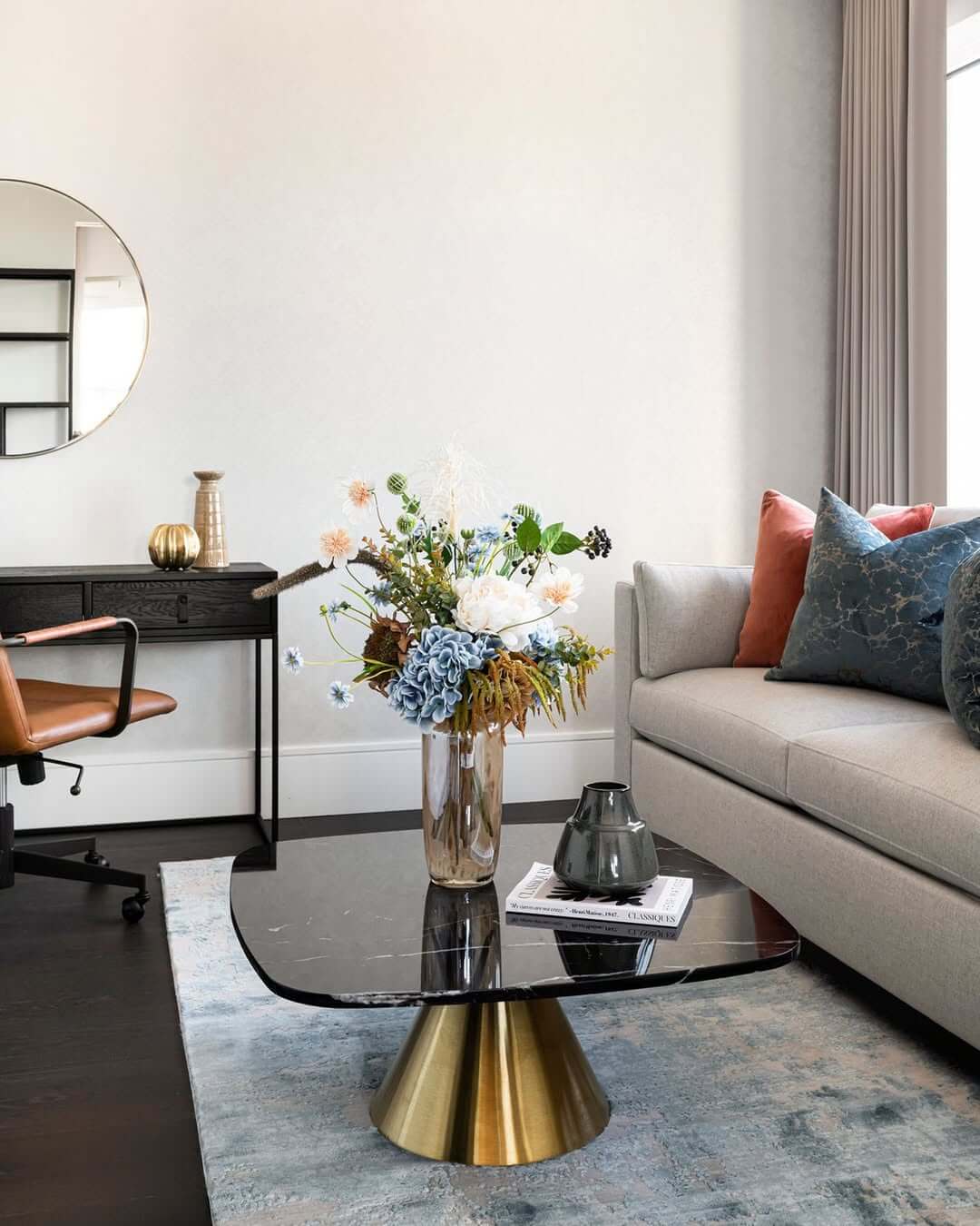 Black Marble Table with Sculptural Gold Base