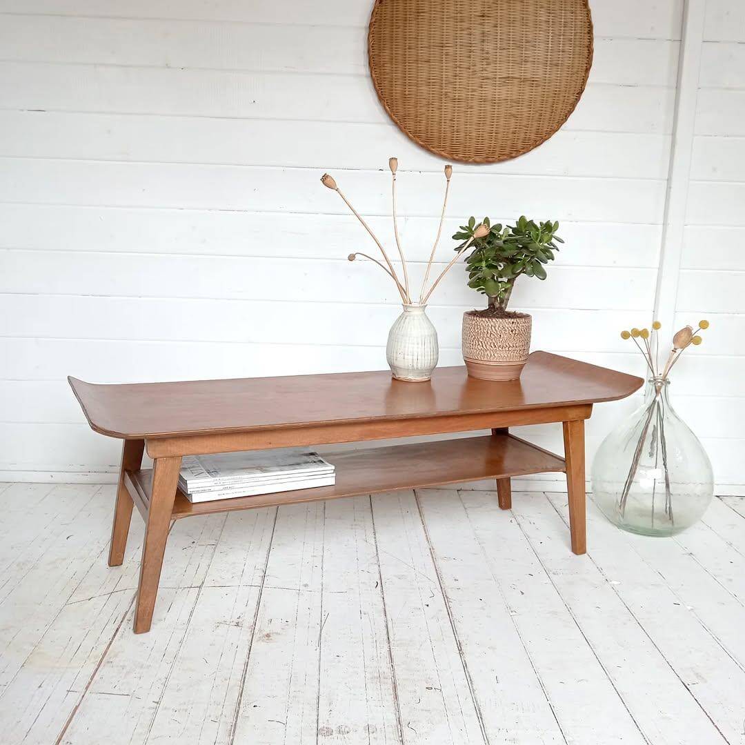 Curved Wooden Table with Lower Shelf for Books
