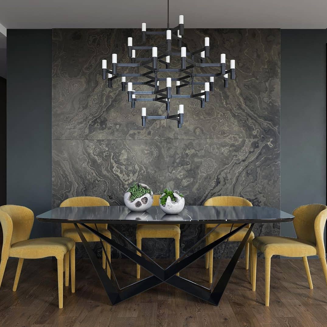 Textured Stone-Look Wallpaper Adds Dramatic Depth Behind Dining Set