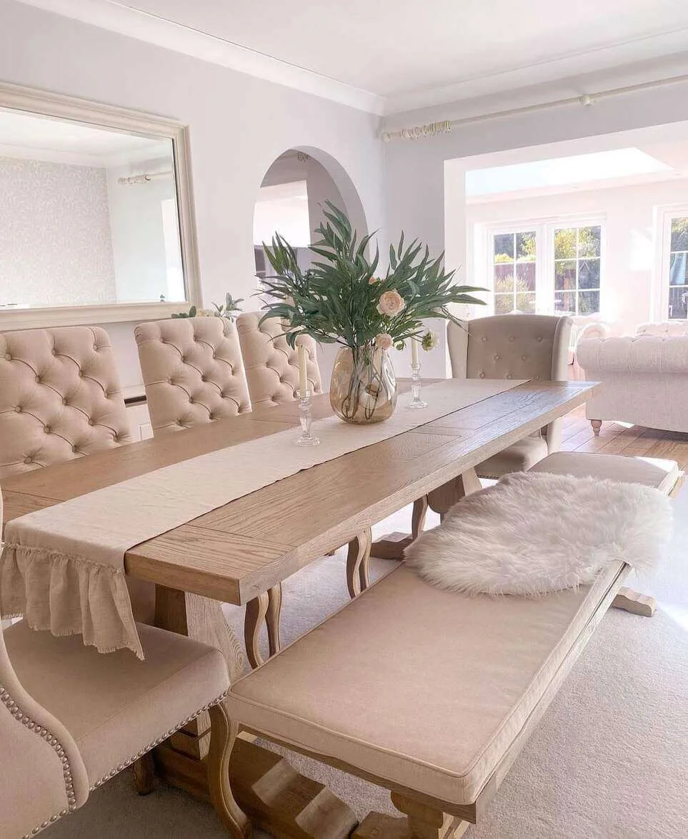 Neutral Table Runner with Ruffled Edge Softens Wooden Table