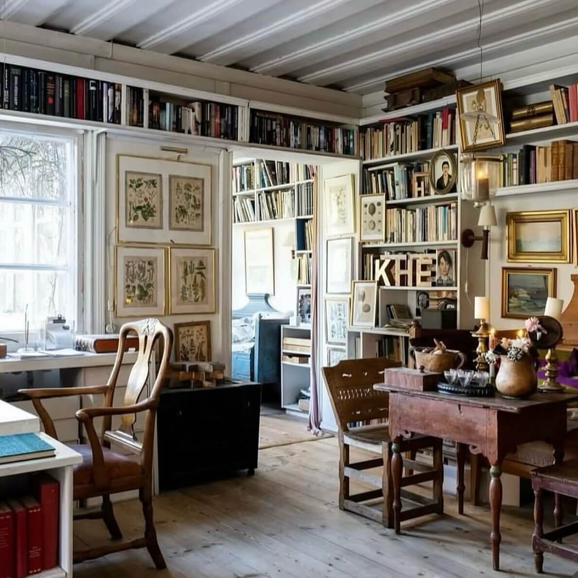 Layered botanical prints create a natural focal point