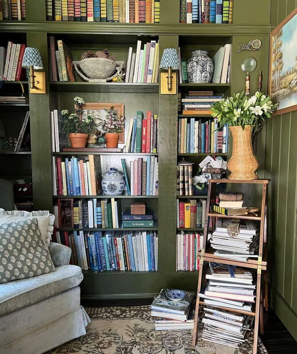 Woven Basket Holds Tall Bouquet for a Natural Library Accent