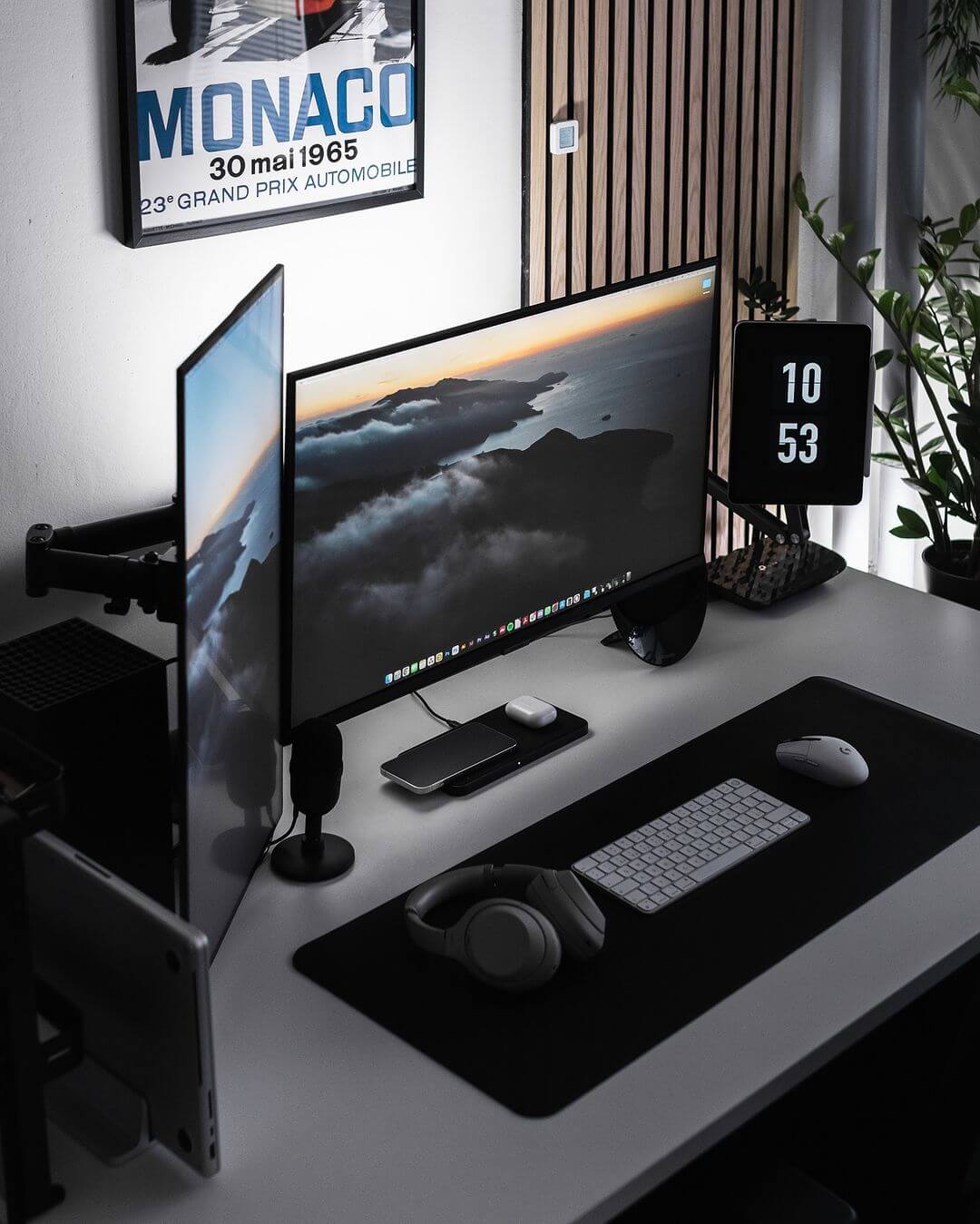 Dual Monitor Setup with Vertical Wood Slat Wall Accent