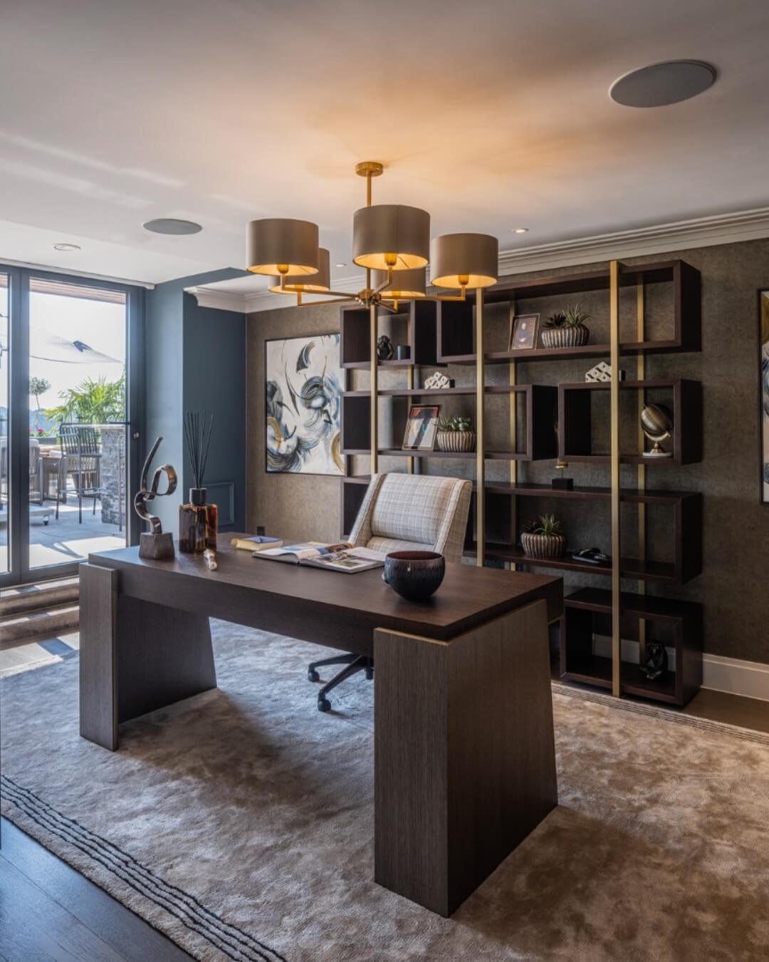 Dark Wood Bookshelf with Gold Accents Creates an Elegant Display