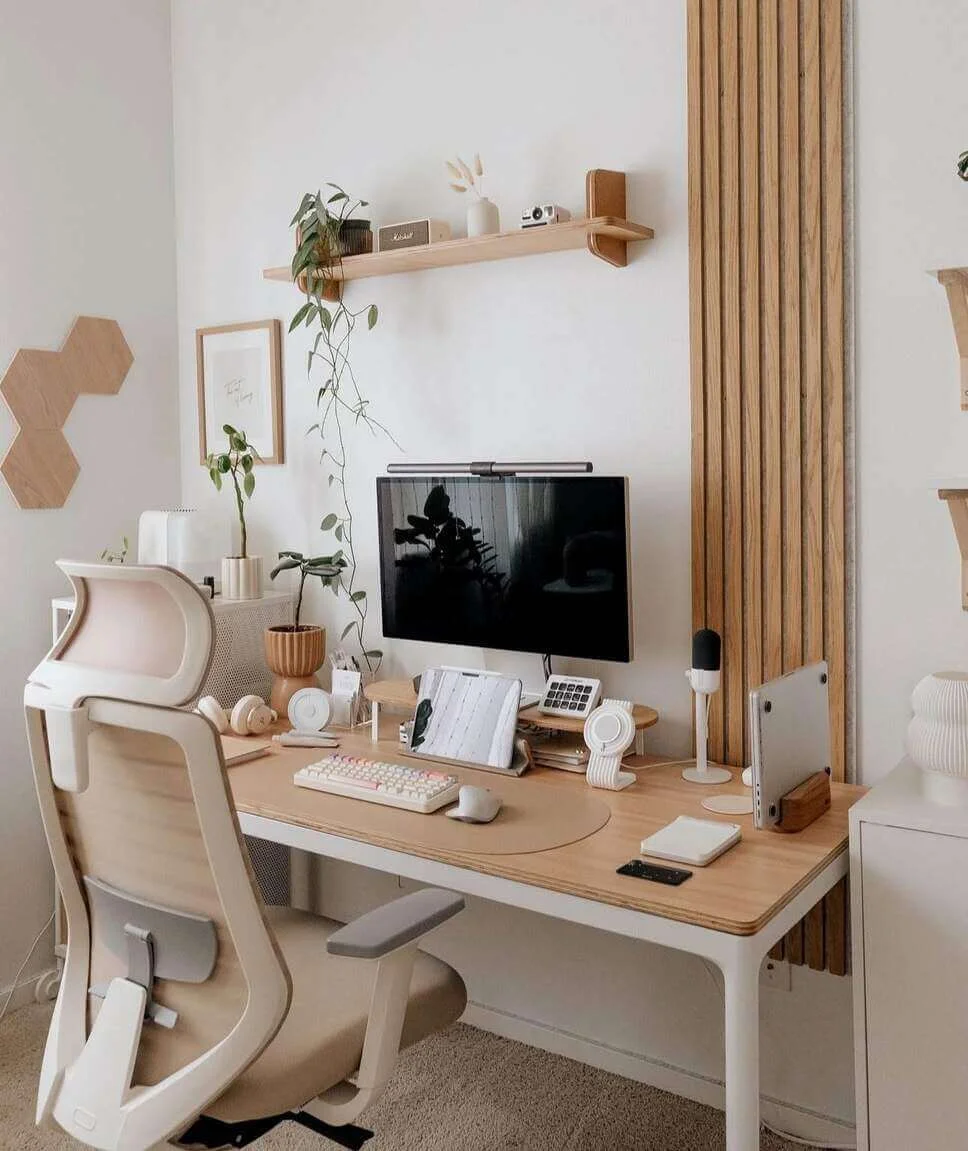 Wooden Slat Wall Adds Natural Texture Behind Desk