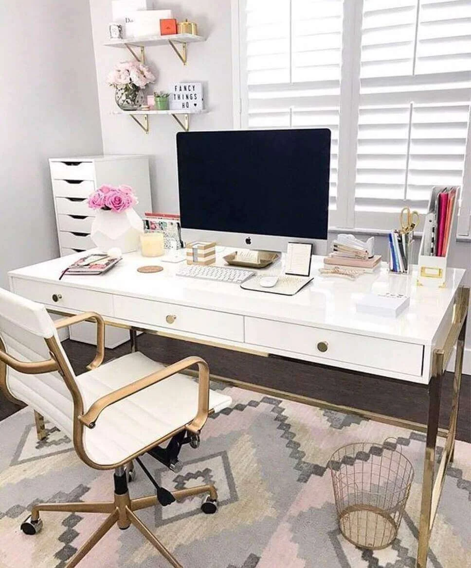 White desk with gold accents creates a glamorous workspace