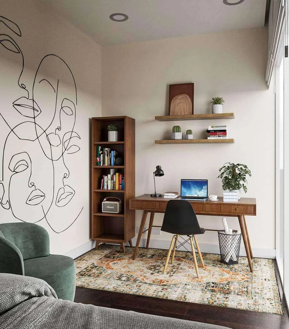 Line art mural adds abstract personality to a workspace