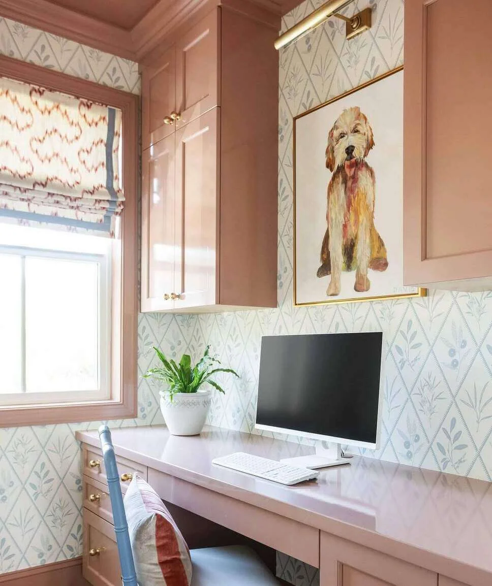 Dusty rose desk with integrated drawers keeps supplies organized