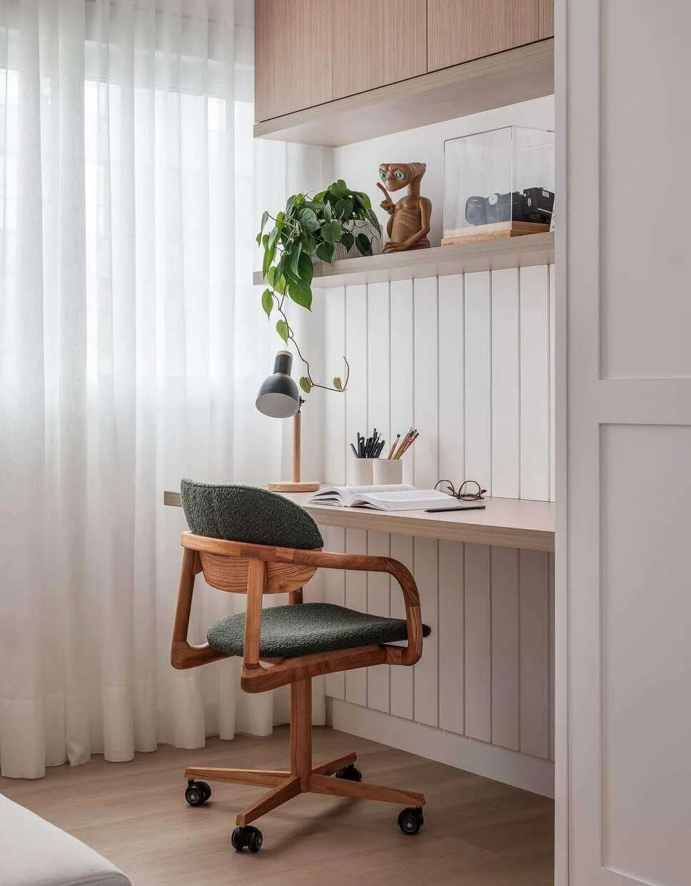 Wooden chair with textured seat adds cozy comfort