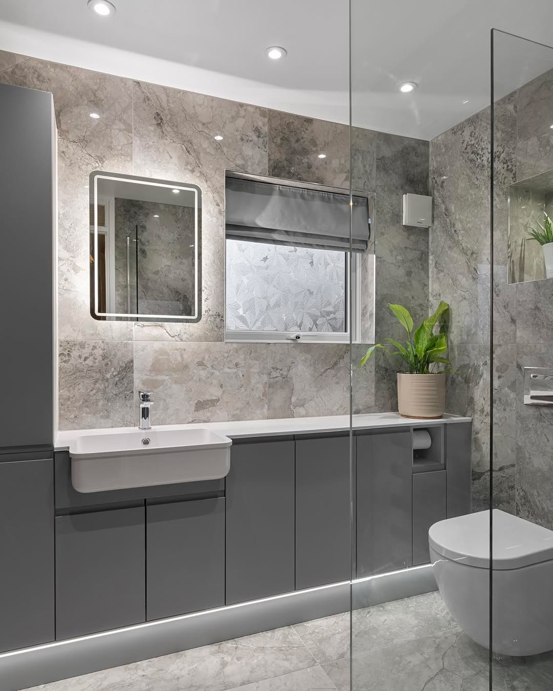 Floating Grey Vanity With Integrated Base Lighting