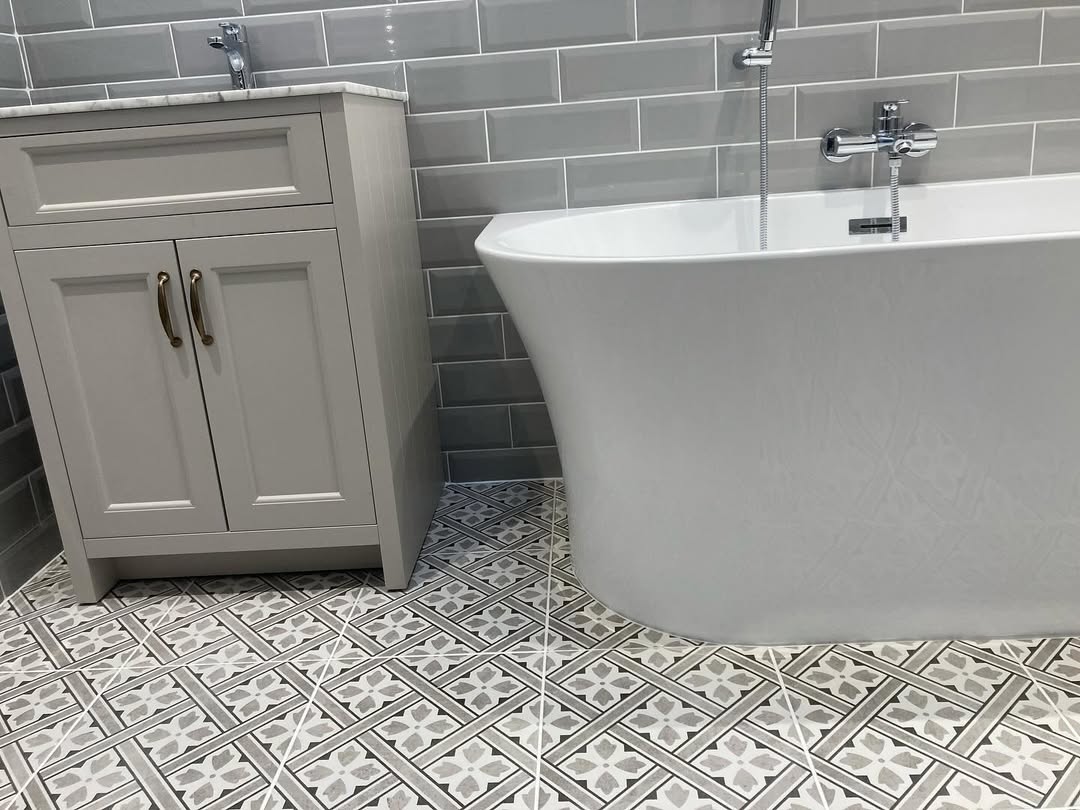 Grey Vanity With Ornate Brass Drawer Pulls