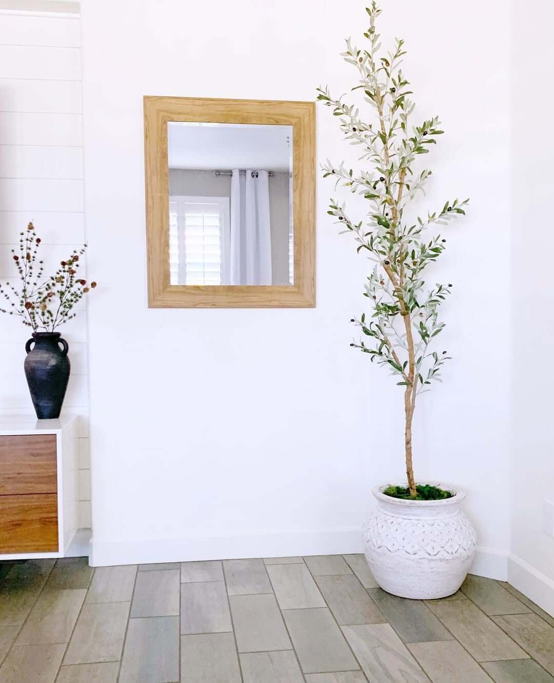 Tall Faux Olive Tree in Textured White Pot