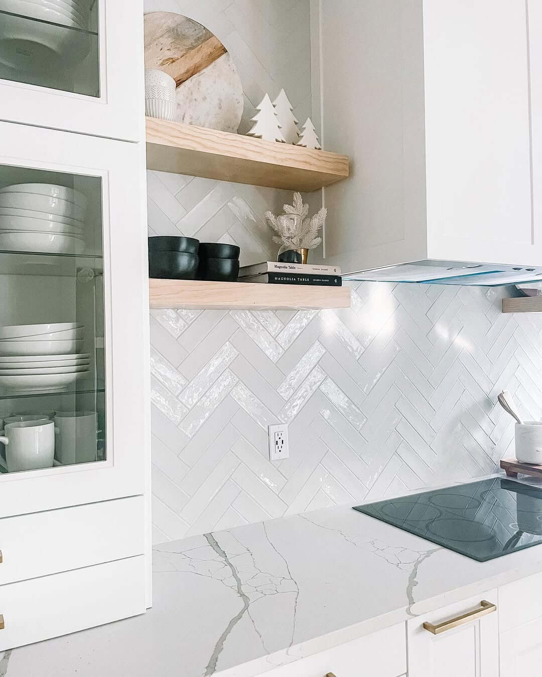 Glossy White Herringbone Tiles Add Subtle Movement