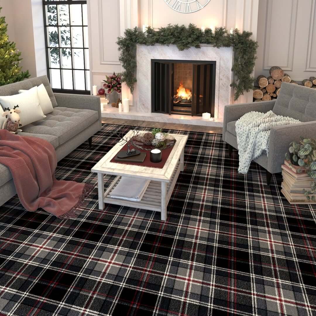 Bold Plaid Carpet Anchors a Cozy, Festive Living Room