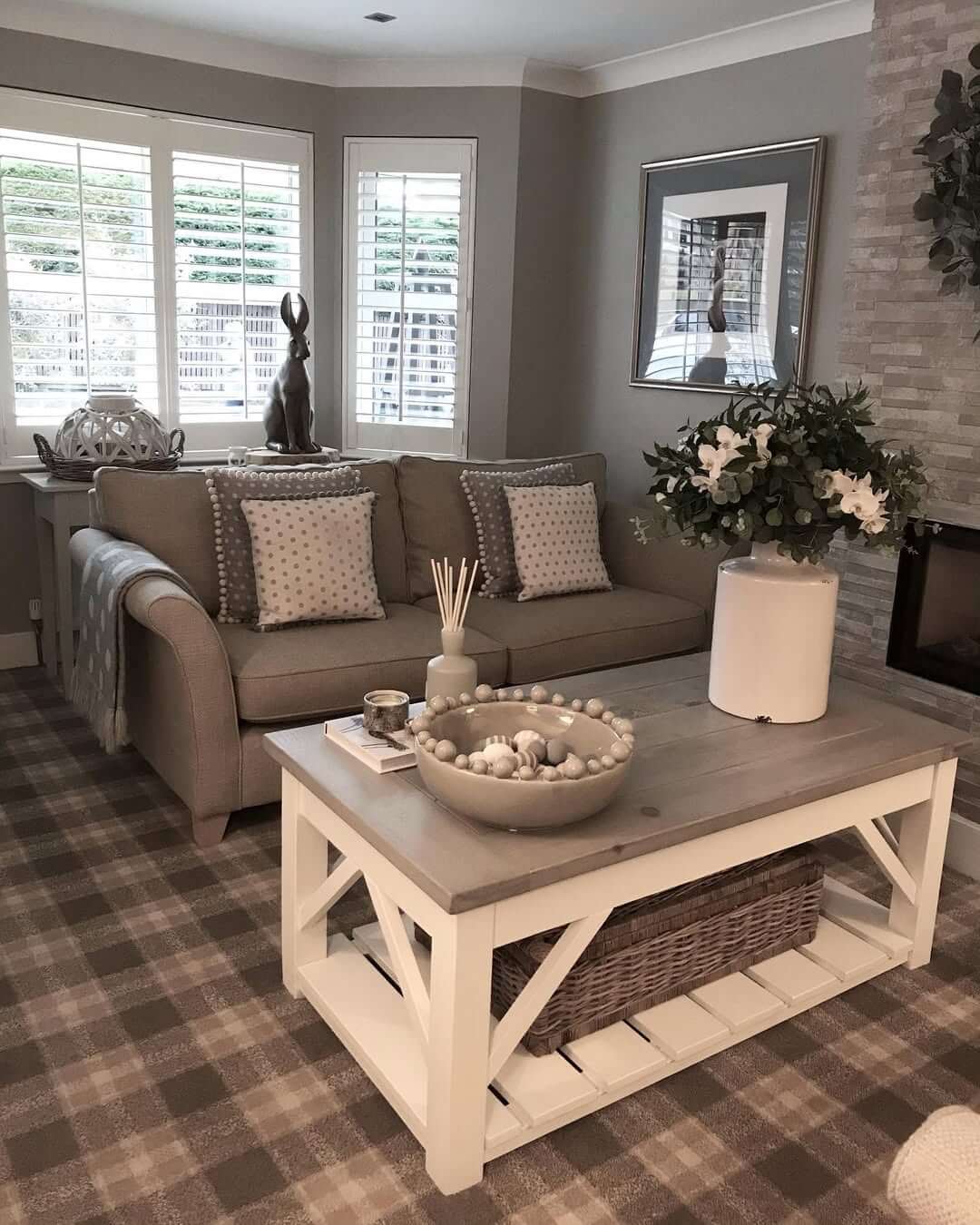Tartan Carpet Adds Cozy Texture to a Neutral Living Room