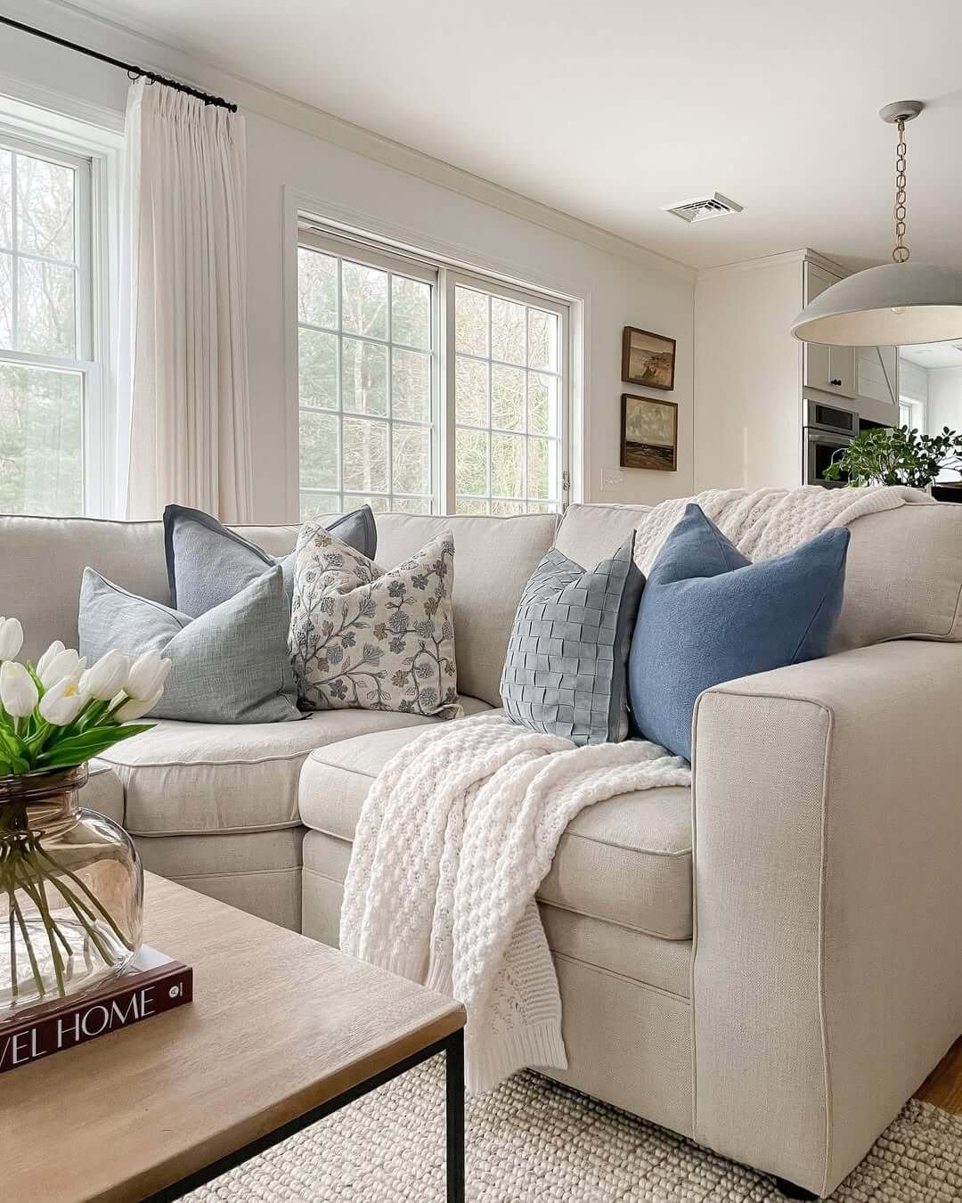 Layer Pillows in Varying Blues and Textures for Comfort