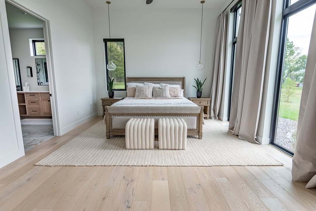 Neutral Textured Rugs Define Minimalist Bedroom Spaces