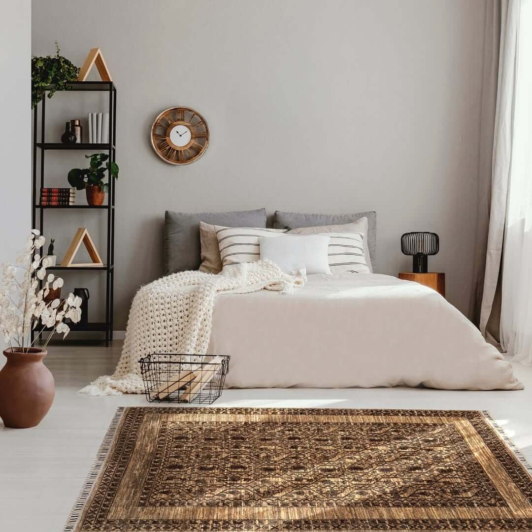 Oriental Rugs Anchor Neutral Bedrooms with Rich Detail